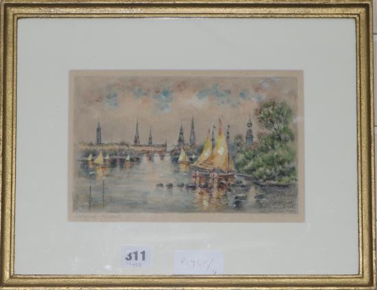 F. Horner Hamburg, Alster mit Stadt, Lombardsbrucke 15 x 23cm